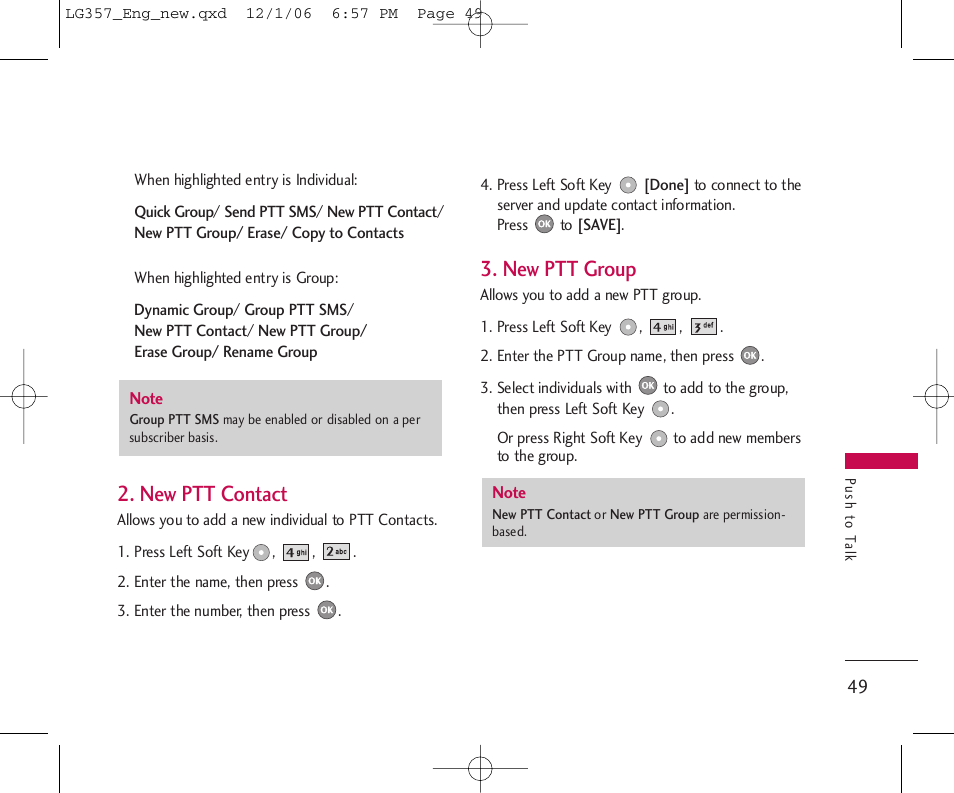 New ptt contact, New ptt group | LG LG357 User Manual | Page 49 / 106