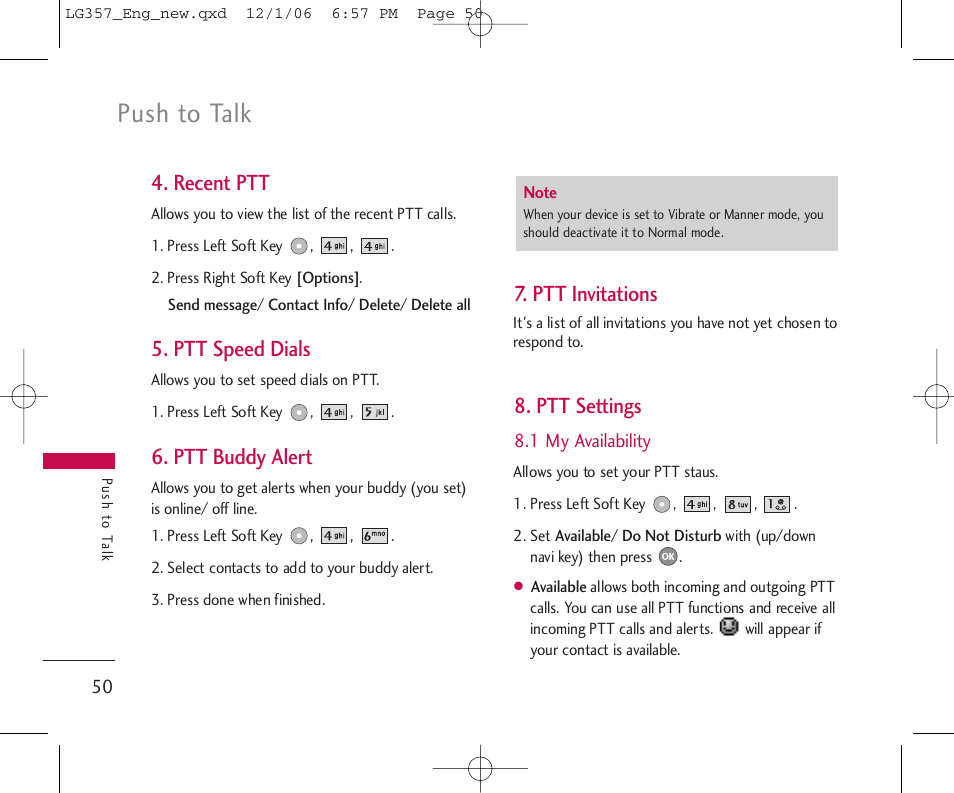 Push to talk, Recent ptt, Ptt speed dials | Ptt buddy alert, Ptt invitations, Ptt settings | LG LG357 User Manual | Page 50 / 106