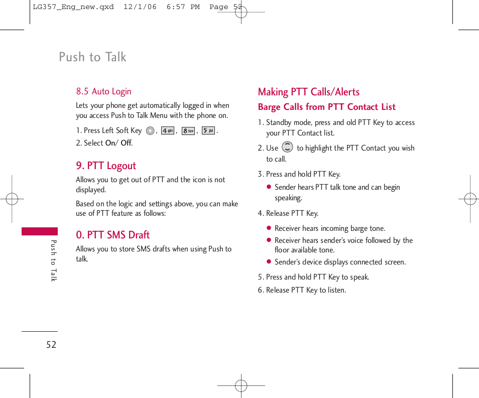 Push to talk, Ptt logout, Ptt sms draft | Making ptt calls/alerts | LG LG357 User Manual | Page 52 / 106