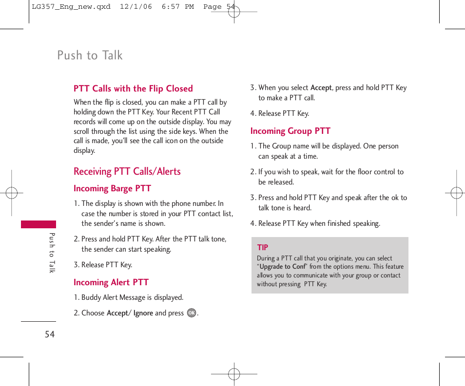 Push to talk, Receiving ptt calls/alerts | LG LG357 User Manual | Page 54 / 106