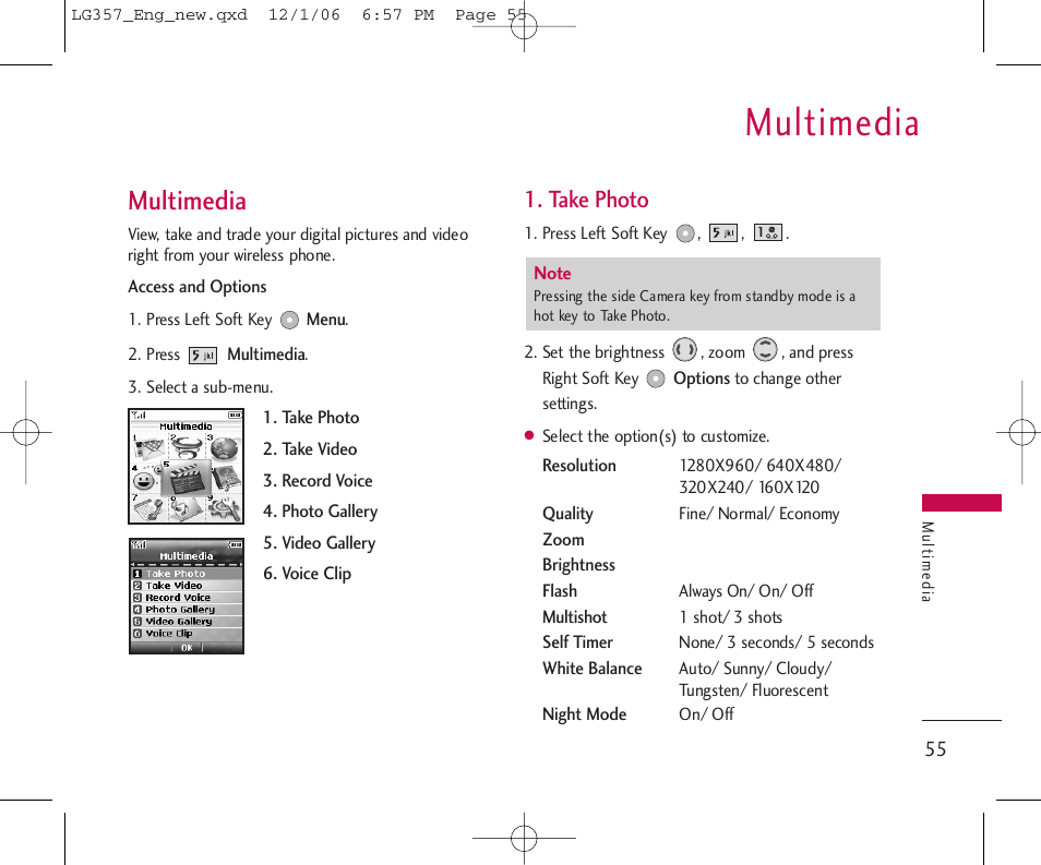 Multimedia, Take photo | LG LG357 User Manual | Page 55 / 106