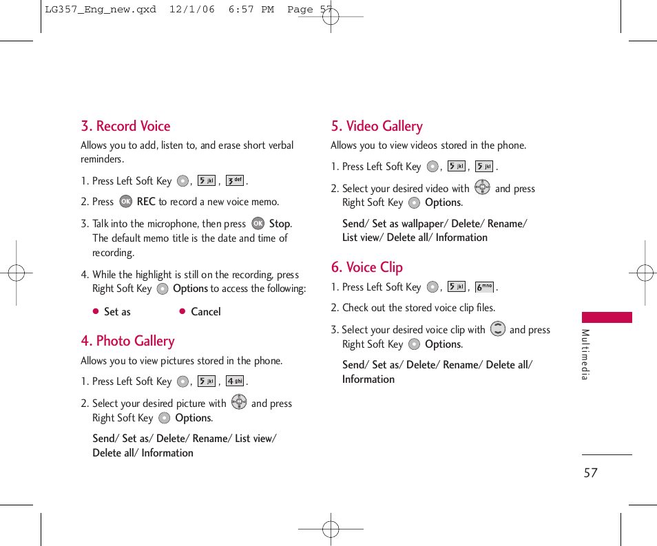 Record voice, Photo gallery, Video gallery | Voice clip | LG LG357 User Manual | Page 57 / 106