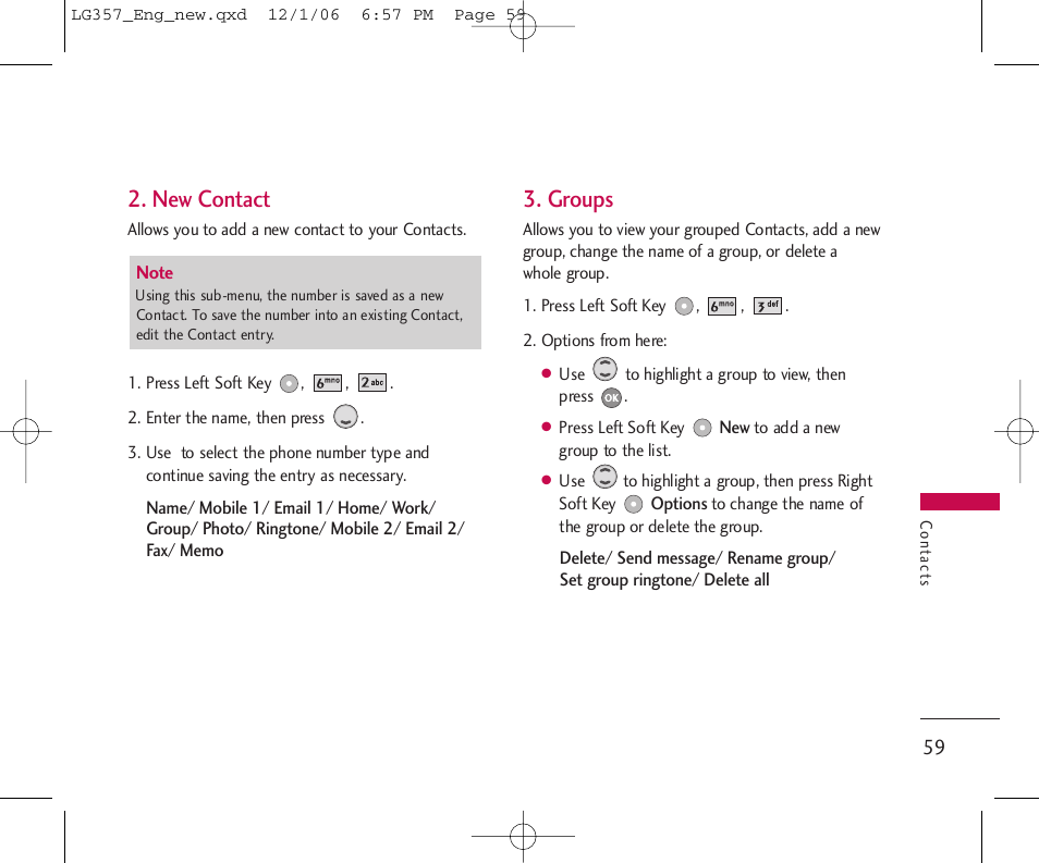 New contact, Groups | LG LG357 User Manual | Page 59 / 106