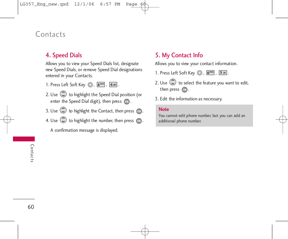 Contacts, Speed dials, My contact info | LG LG357 User Manual | Page 60 / 106