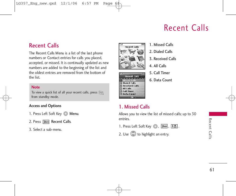 Recent calls, Missed calls | LG LG357 User Manual | Page 61 / 106