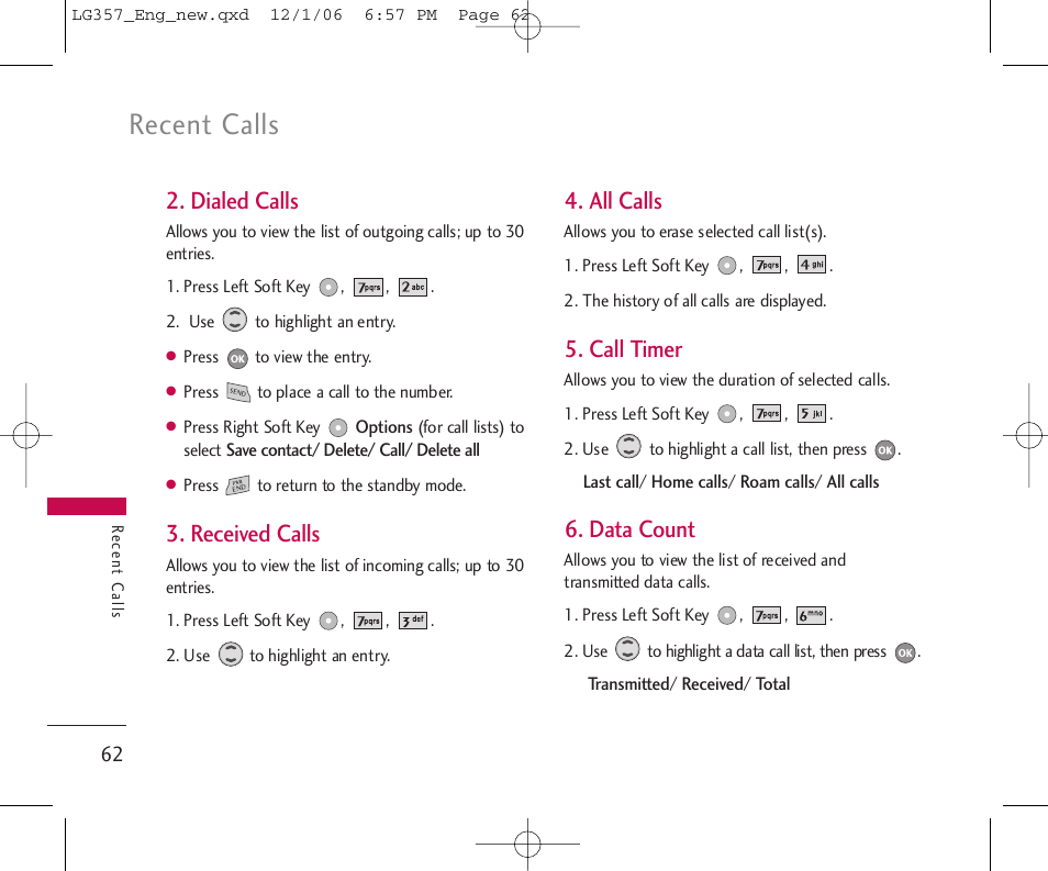 Recent calls, Dialed calls, Received calls | All calls, Call timer, Data count | LG LG357 User Manual | Page 62 / 106