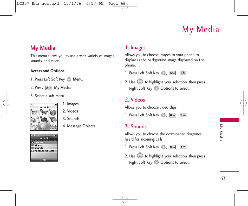 My media, Images, Videos | Sounds | LG LG357 User Manual | Page 63 / 106