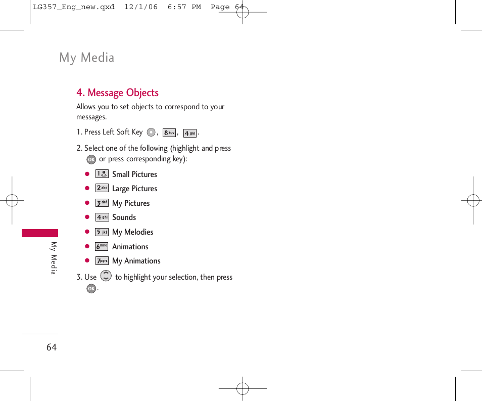 My media, Message objects | LG LG357 User Manual | Page 64 / 106