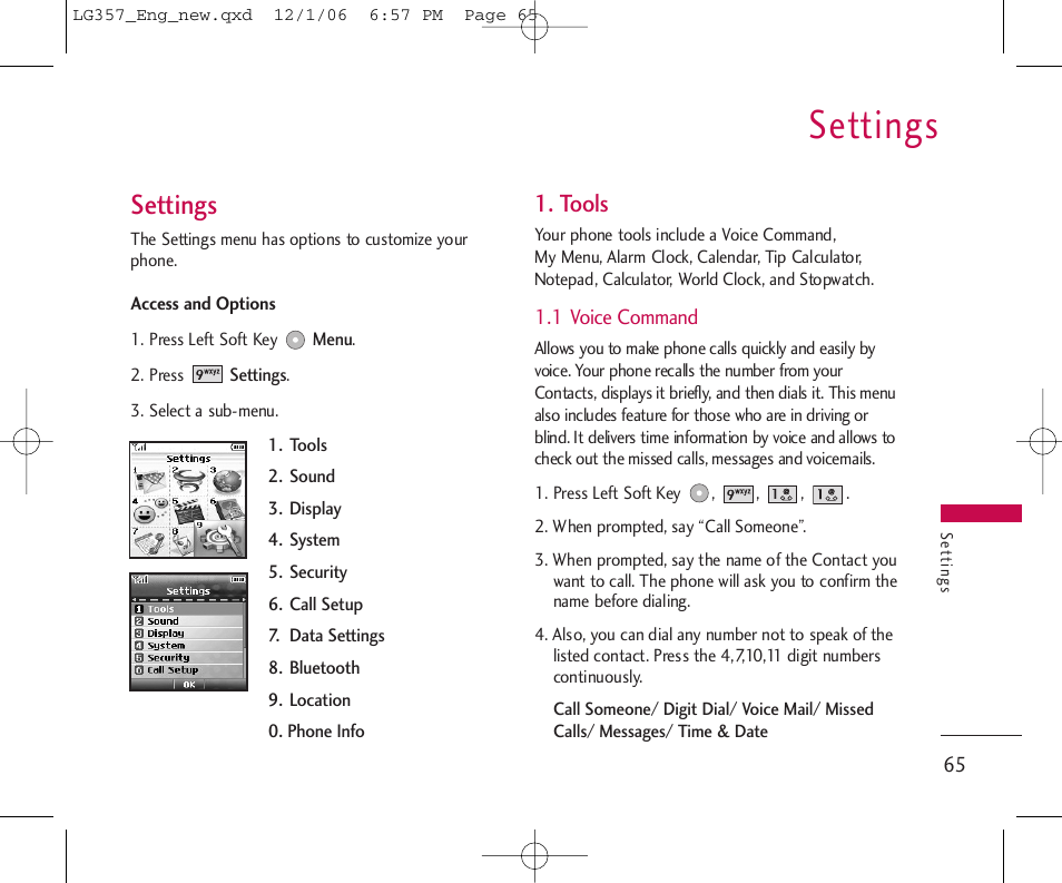 Settings, Tools | LG LG357 User Manual | Page 65 / 106