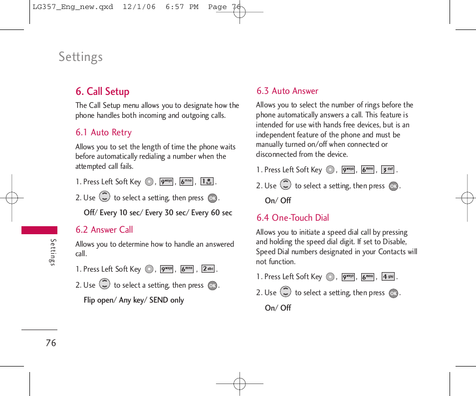 Settings, Call setup | LG LG357 User Manual | Page 76 / 106