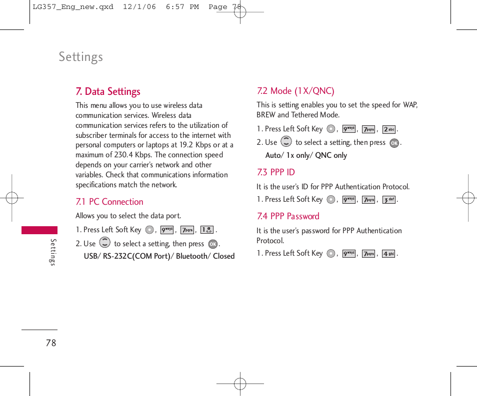 Settings, Data settings | LG LG357 User Manual | Page 78 / 106