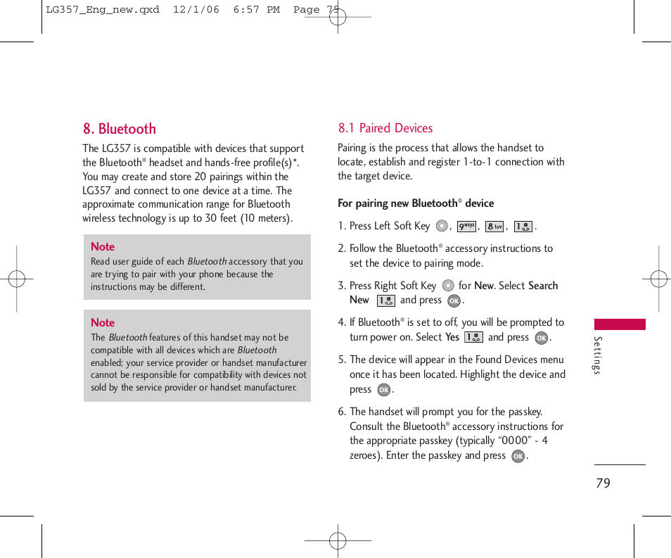 Bluetooth, 1 paired devices | LG LG357 User Manual | Page 79 / 106