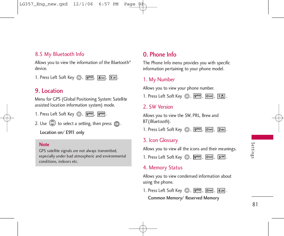 Location, Phone info | LG LG357 User Manual | Page 81 / 106