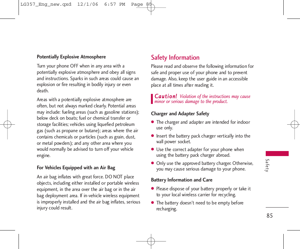 Safety information, Caution | LG LG357 User Manual | Page 85 / 106