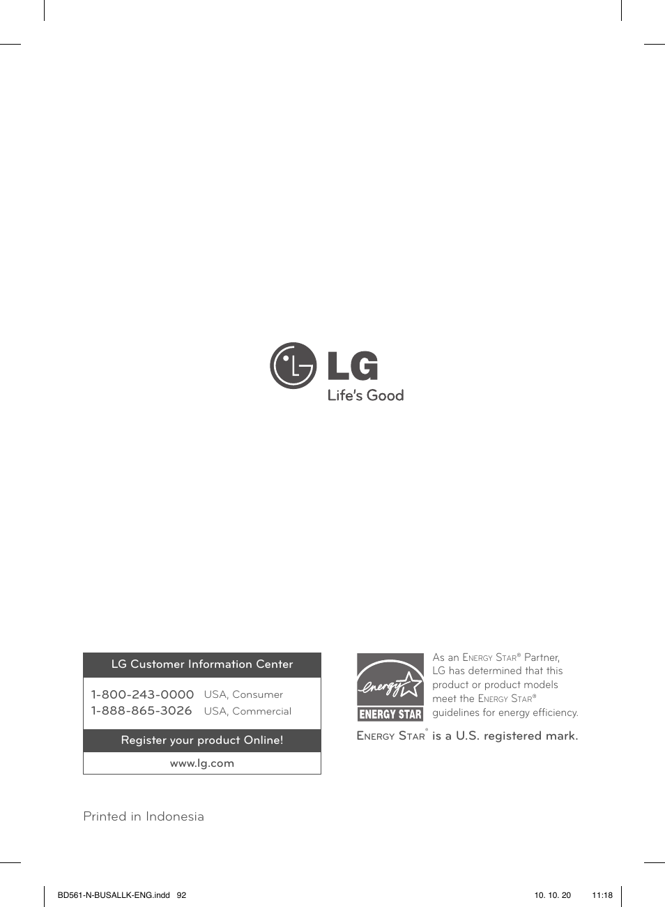 Printed in indonesia | LG BD570 User Manual | Page 100 / 100