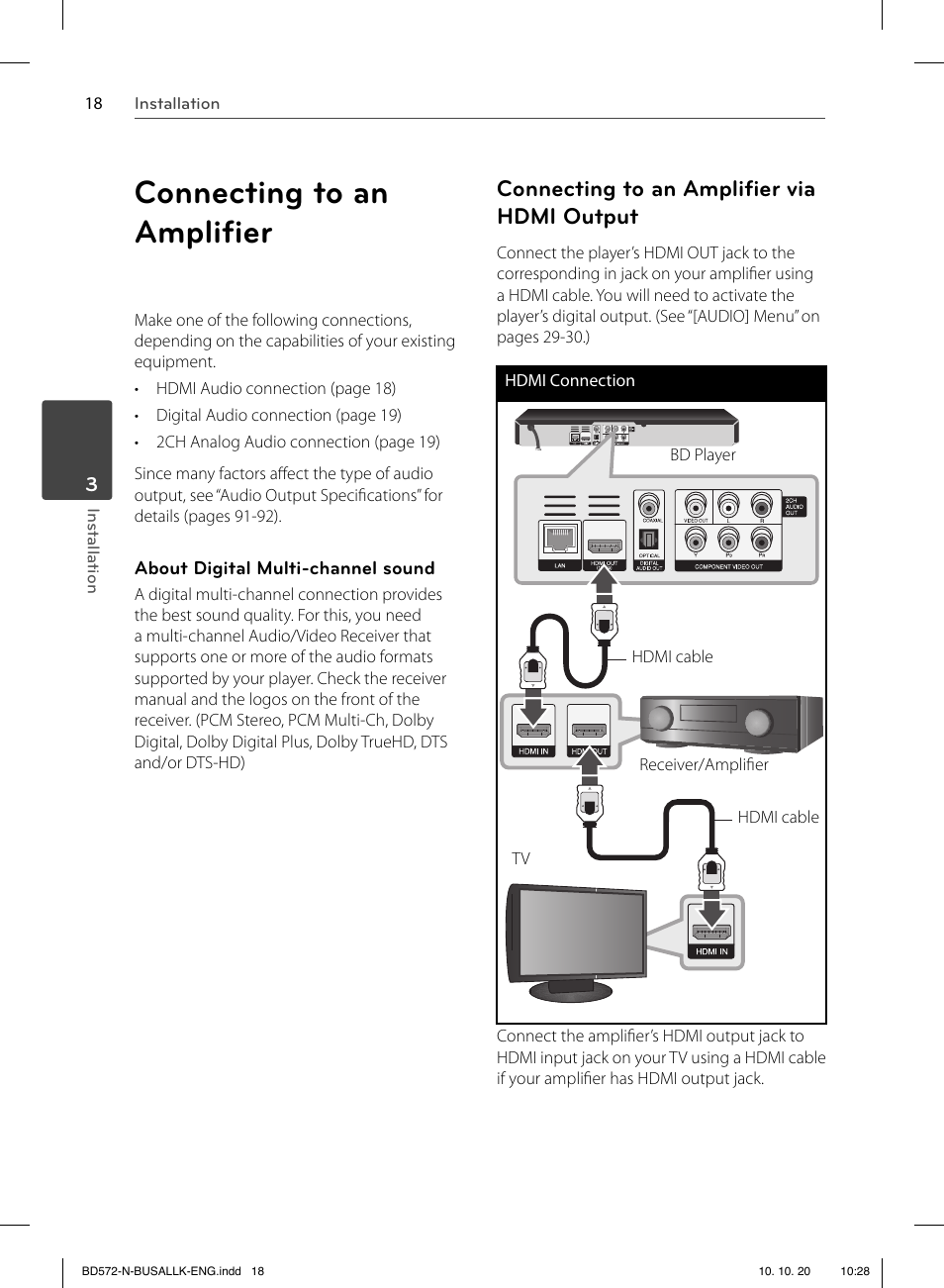 Connecting to an ampliﬁ er, Connecting to an ampliﬁ er via hdmi output | LG BD570 User Manual | Page 18 / 100