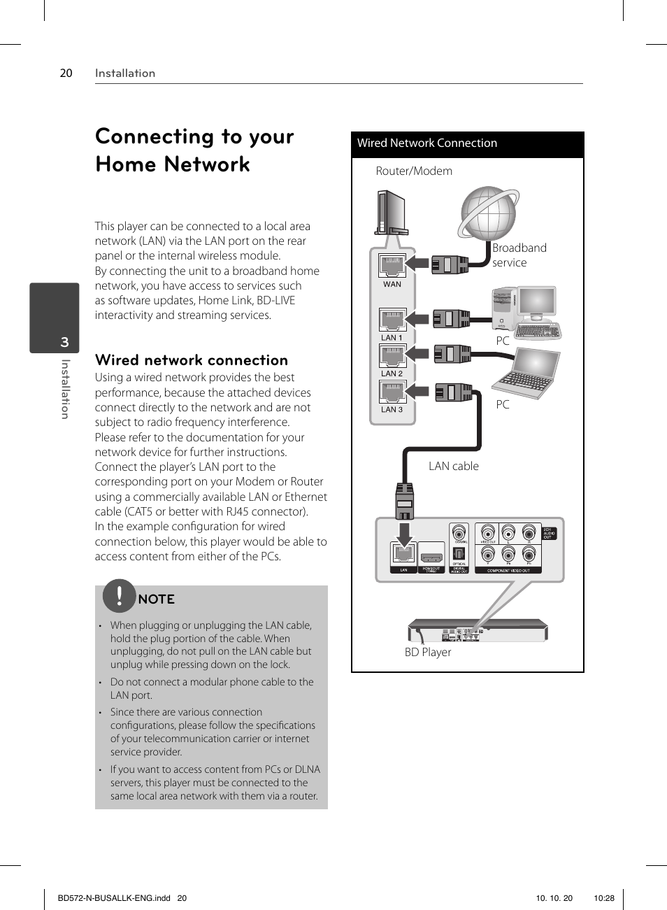Connecting to your home network, Wired network connection | LG BD570 User Manual | Page 20 / 100
