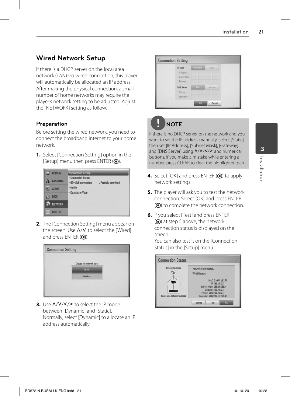 Wired network setup | LG BD570 User Manual | Page 21 / 100