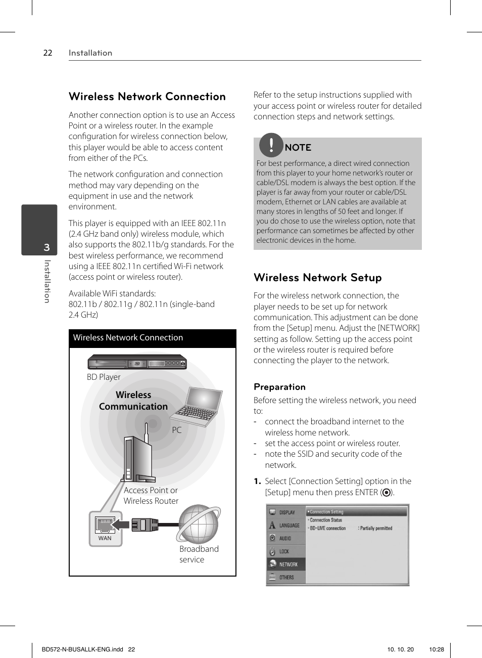 Wireless network connection, Wireless network setup | LG BD570 User Manual | Page 22 / 100