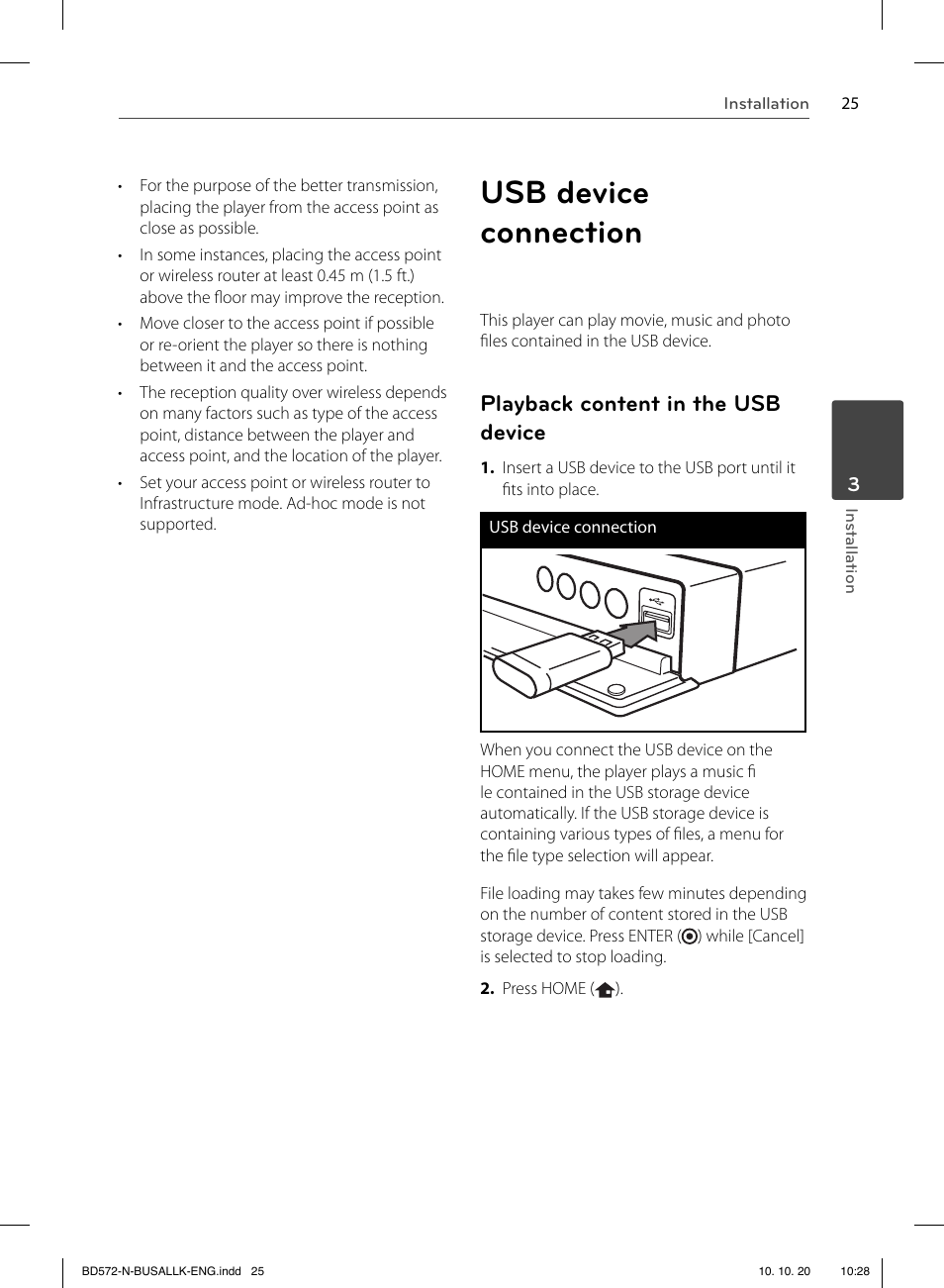 Usb device connection, Playback content in the usb device | LG BD570 User Manual | Page 25 / 100