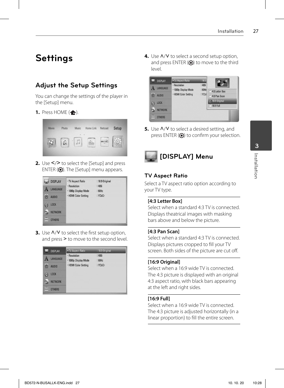 Settings, Adjust the setup settings, Display] menu | LG BD570 User Manual | Page 27 / 100