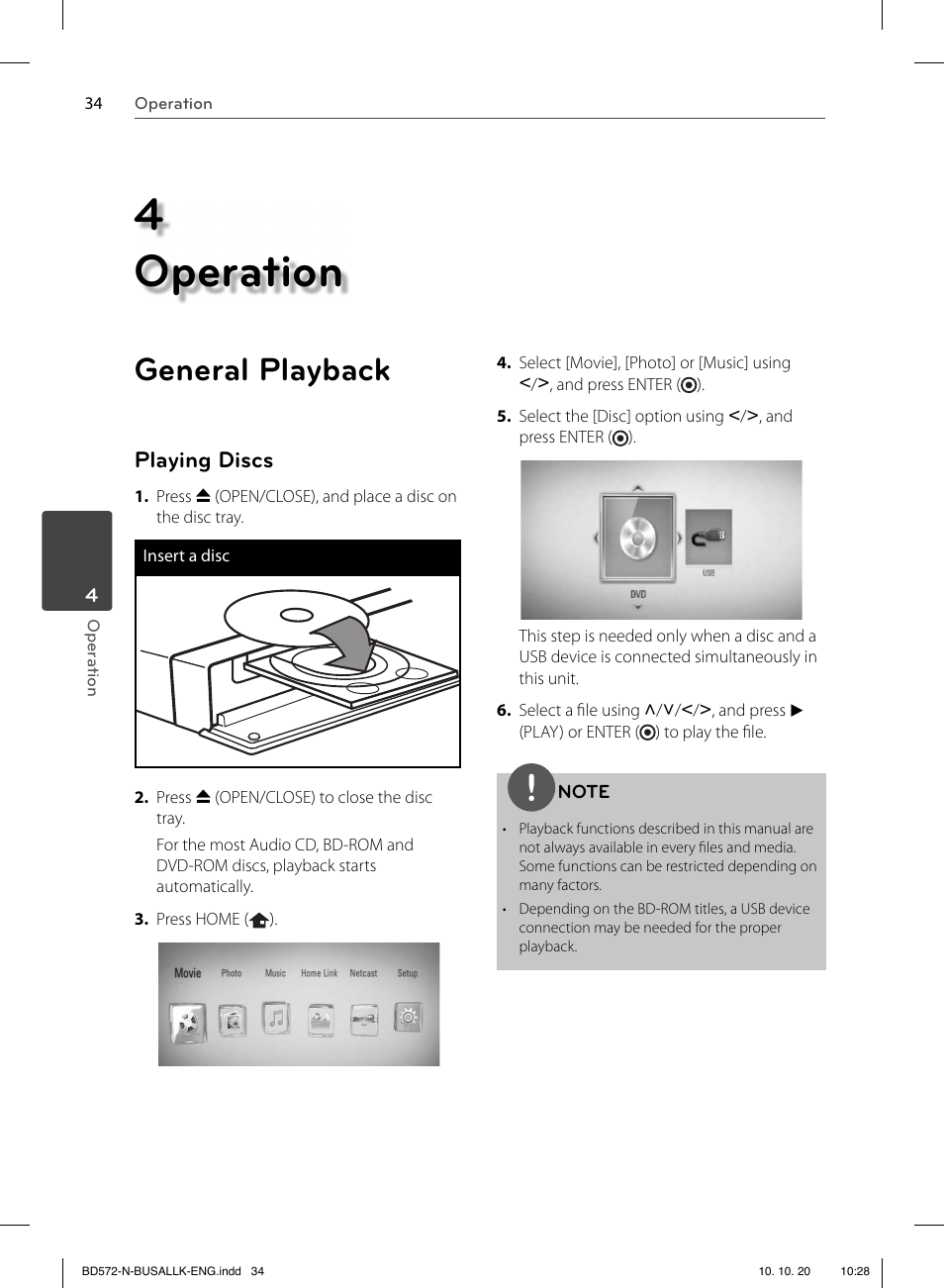 4 operation, General playback, Playing discs | LG BD570 User Manual | Page 34 / 100