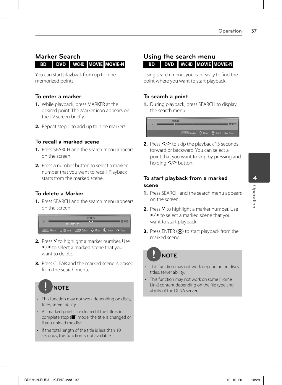 Marker search, Using the search menu | LG BD570 User Manual | Page 37 / 100