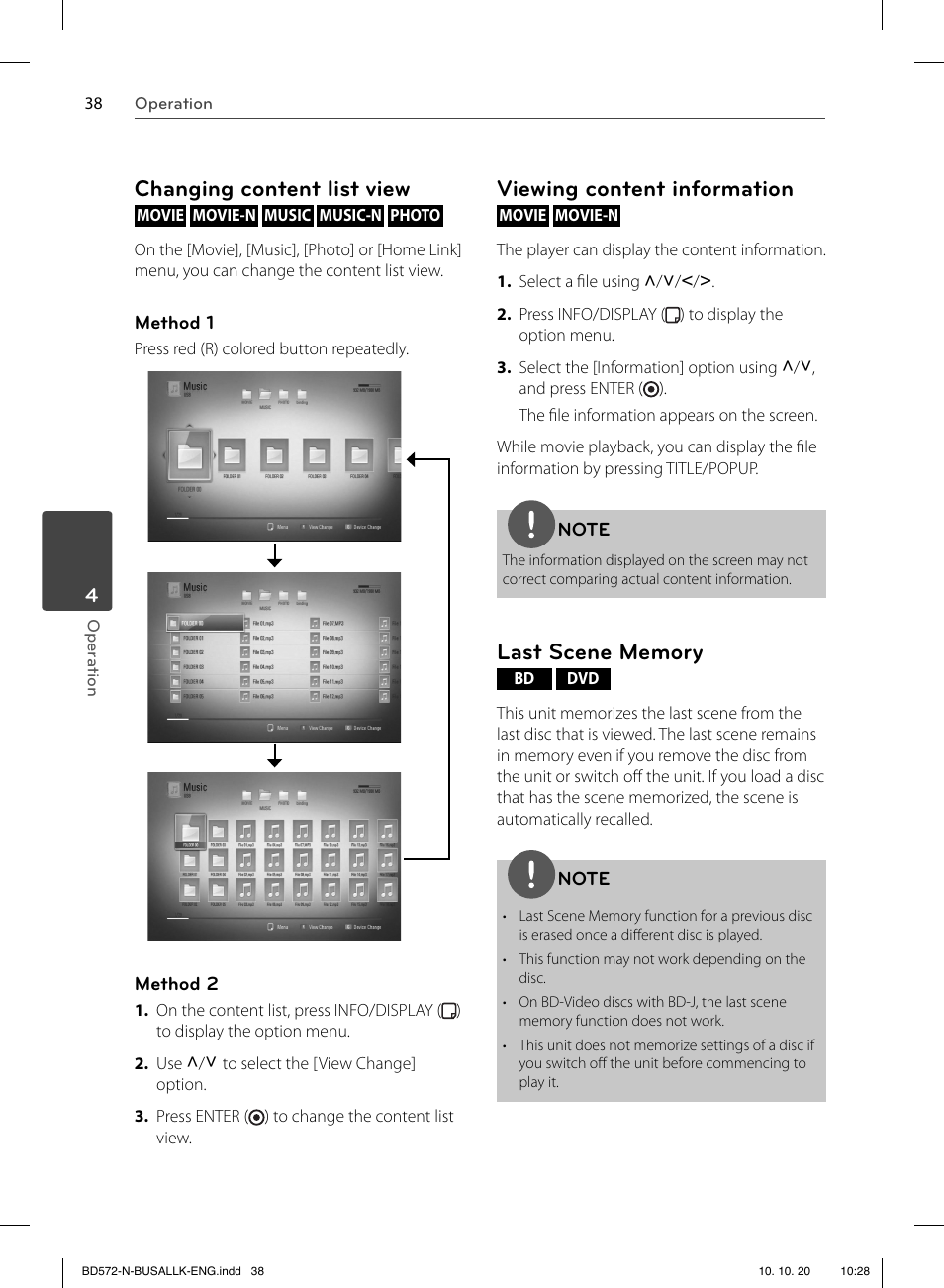 Changing content list view, Viewing content information | LG BD570 User Manual | Page 38 / 100