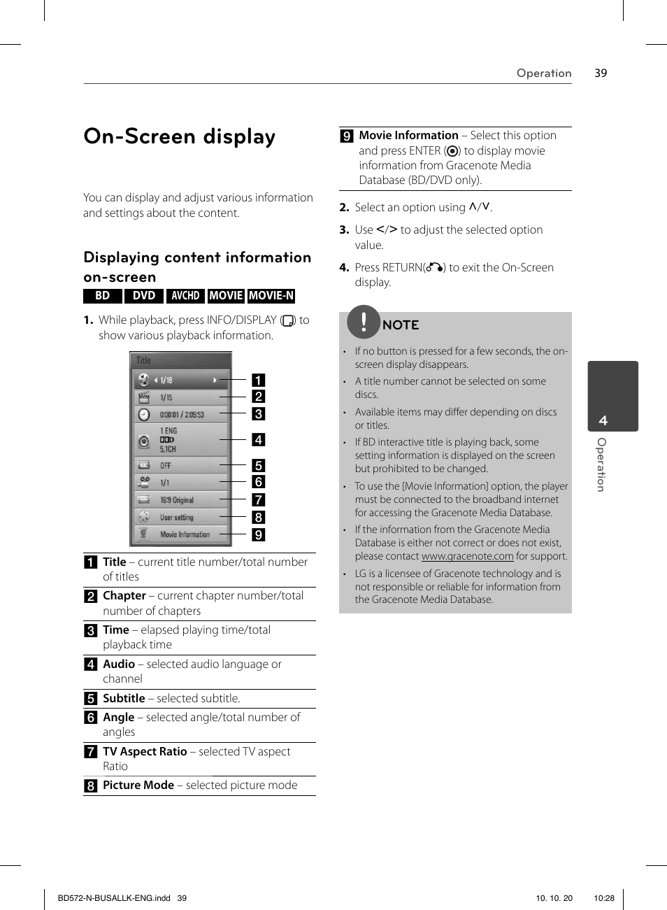 On-screen display, Displaying content information on-screen | LG BD570 User Manual | Page 39 / 100