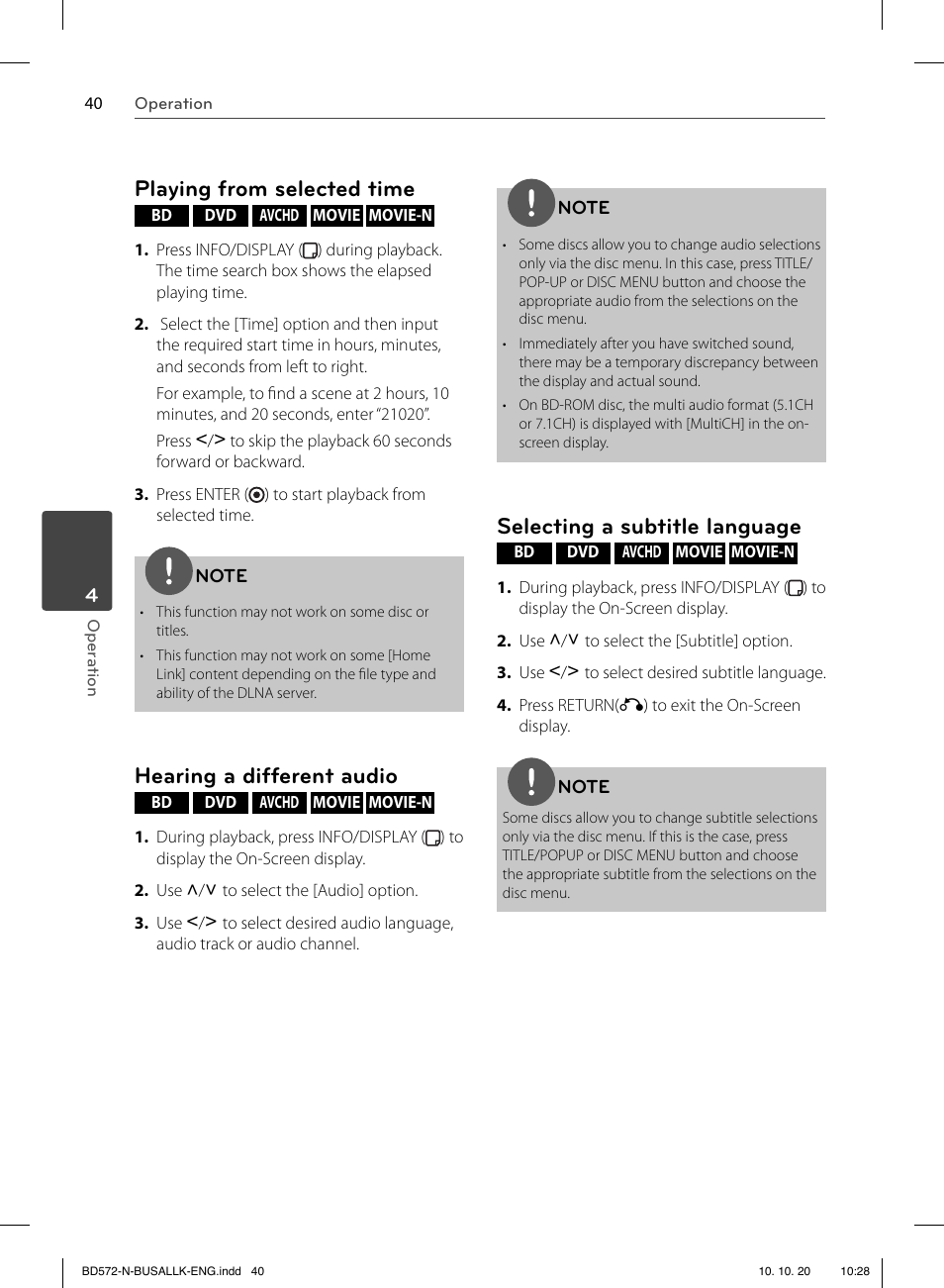 Playing from selected time, Hearing a different audio, Selecting a subtitle language | LG BD570 User Manual | Page 40 / 100