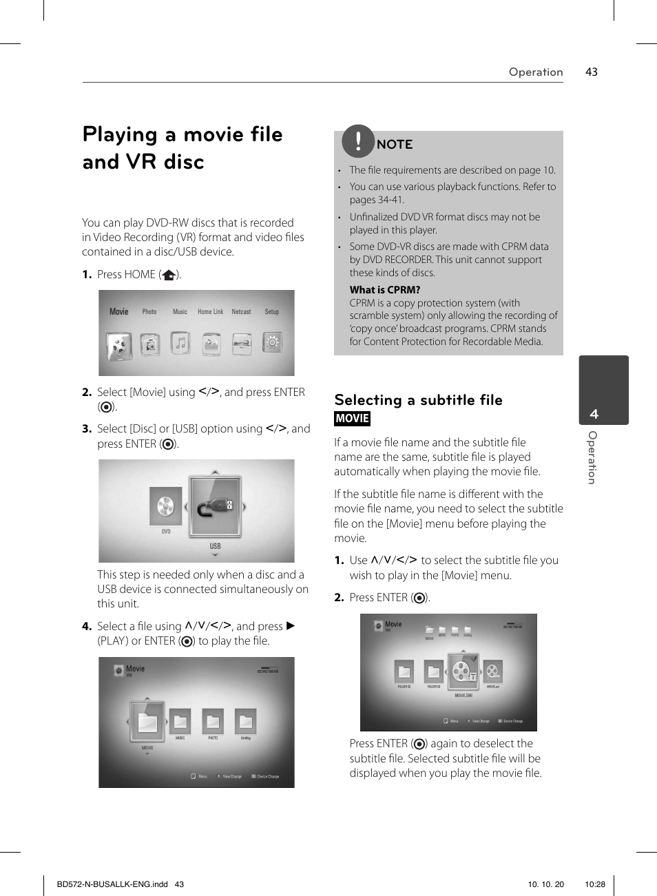 Playing a movie ﬁ le and vr disc, Selecting a subtitle ﬁ le | LG BD570 User Manual | Page 43 / 100