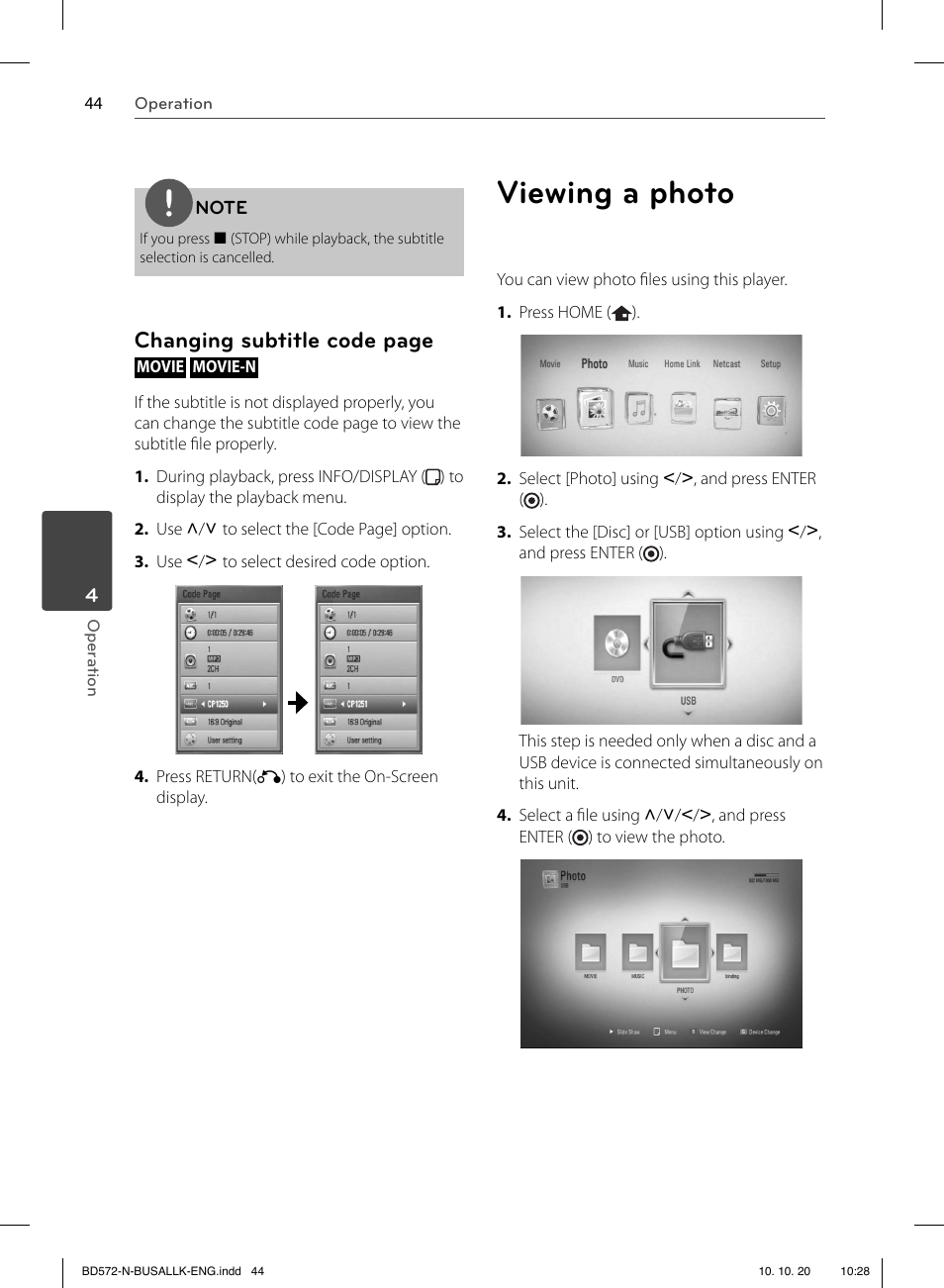 Viewing a photo, Changing subtitle code page | LG BD570 User Manual | Page 44 / 100