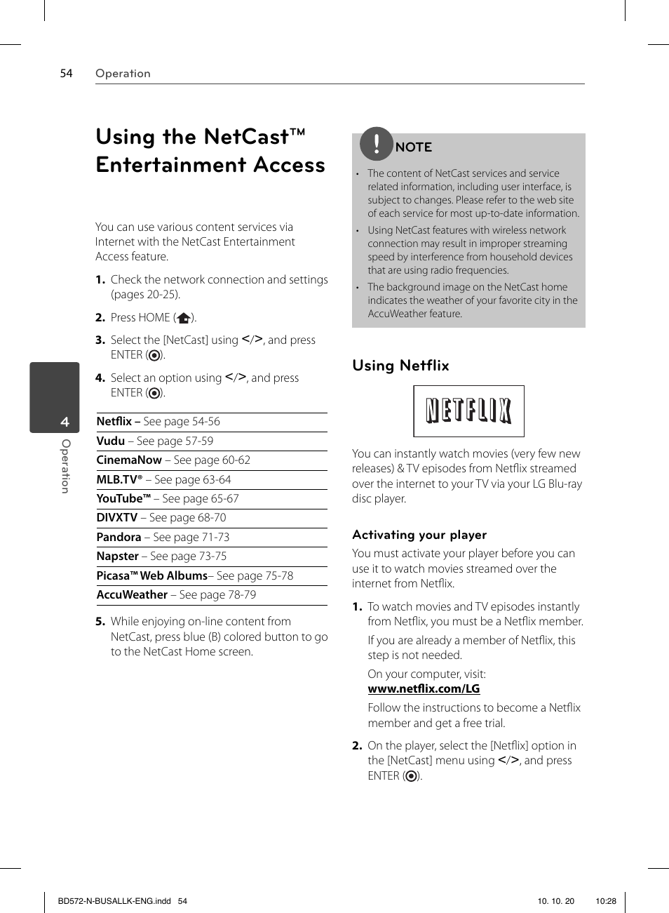 Using the netcast™ entertainment access, Using netﬂ ix | LG BD570 User Manual | Page 54 / 100