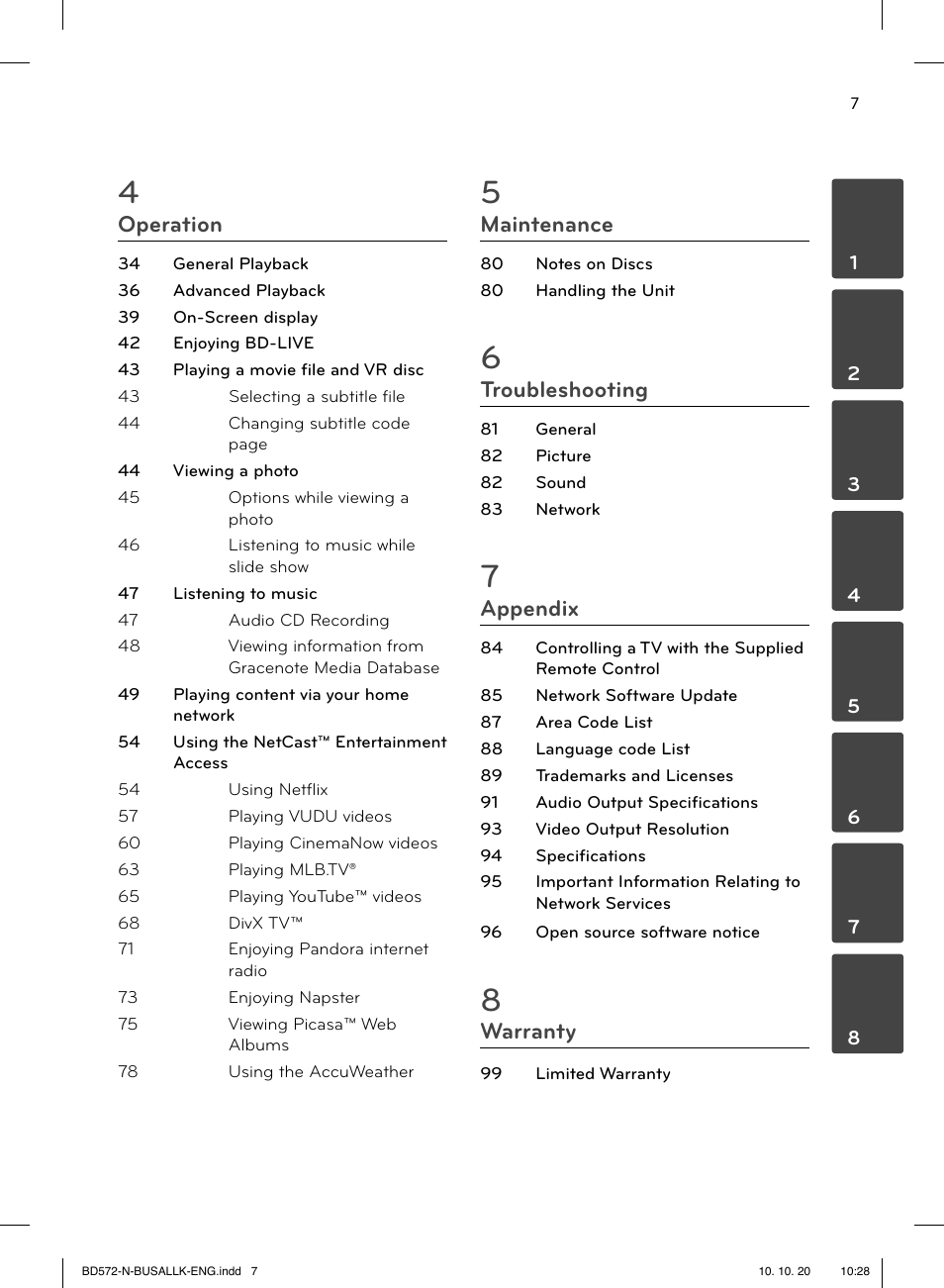 Operation, Maintenance, Troubleshooting | Appendix, Warranty | LG BD570 User Manual | Page 7 / 100