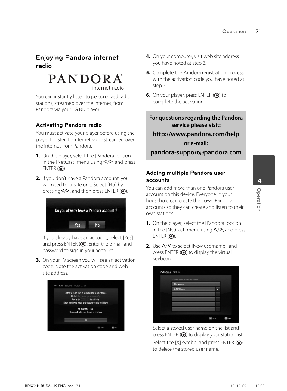 Enjoying pandora internet radio | LG BD570 User Manual | Page 71 / 100