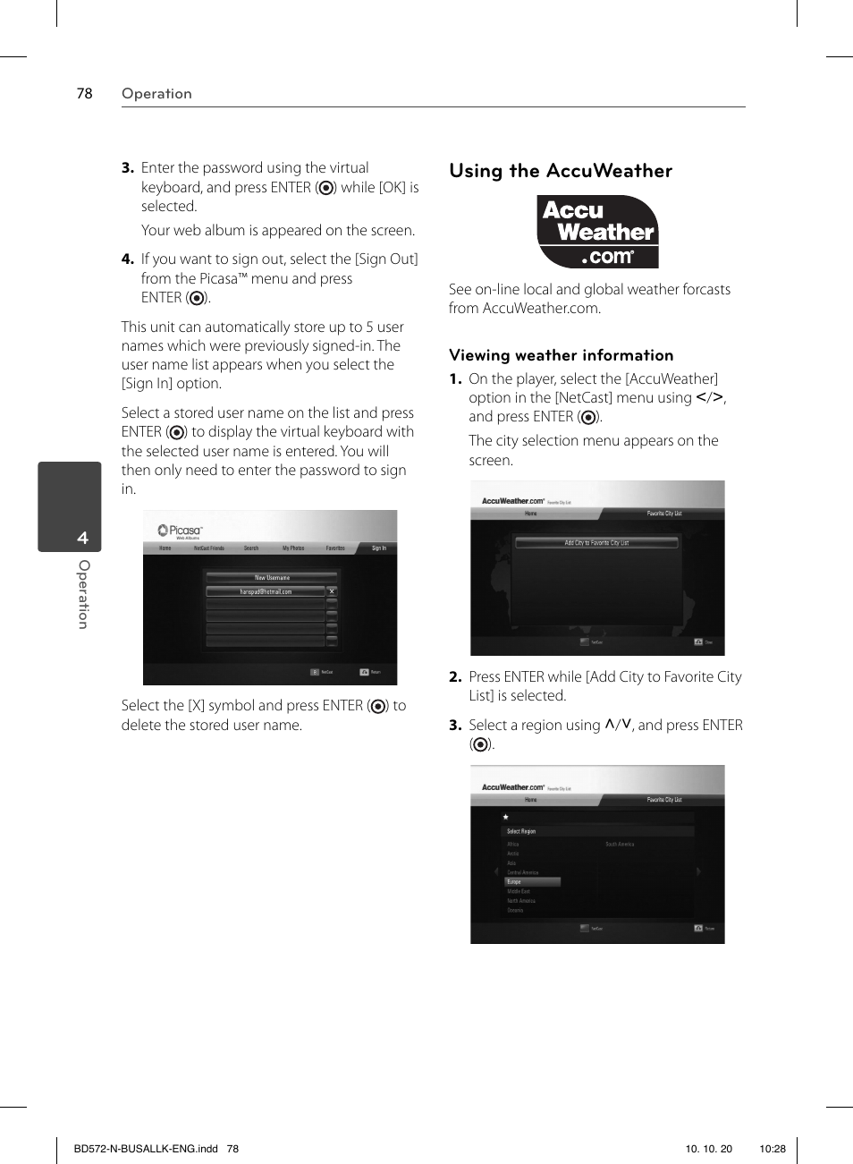 Using the accuweather | LG BD570 User Manual | Page 78 / 100