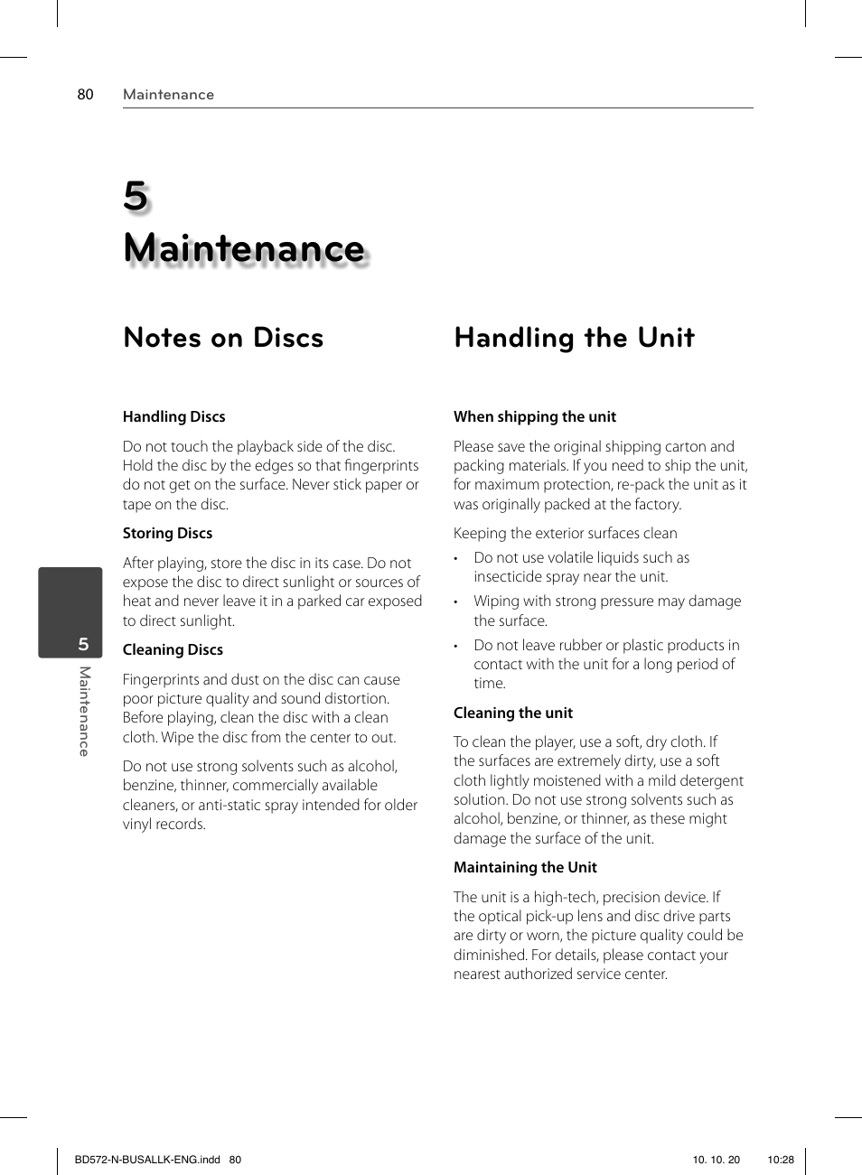 5 maintenance, Handling the unit | LG BD570 User Manual | Page 80 / 100