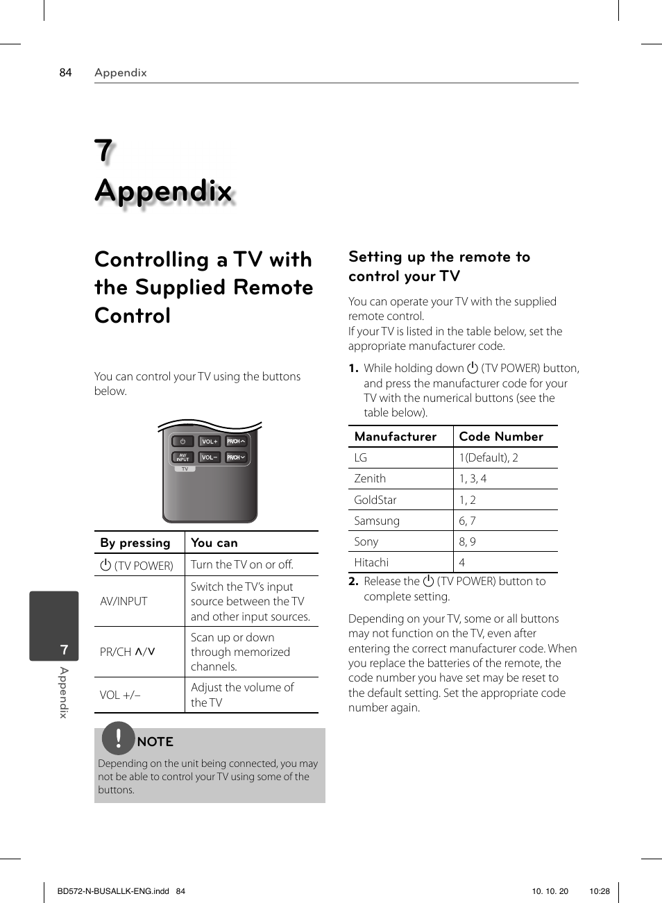 7 appendix, Controlling a tv with the supplied remote control, Setting up the remote to control your tv | LG BD570 User Manual | Page 84 / 100