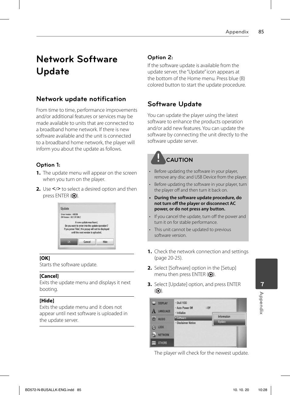 Network software update, Network update notiﬁ cation, Software update | LG BD570 User Manual | Page 85 / 100