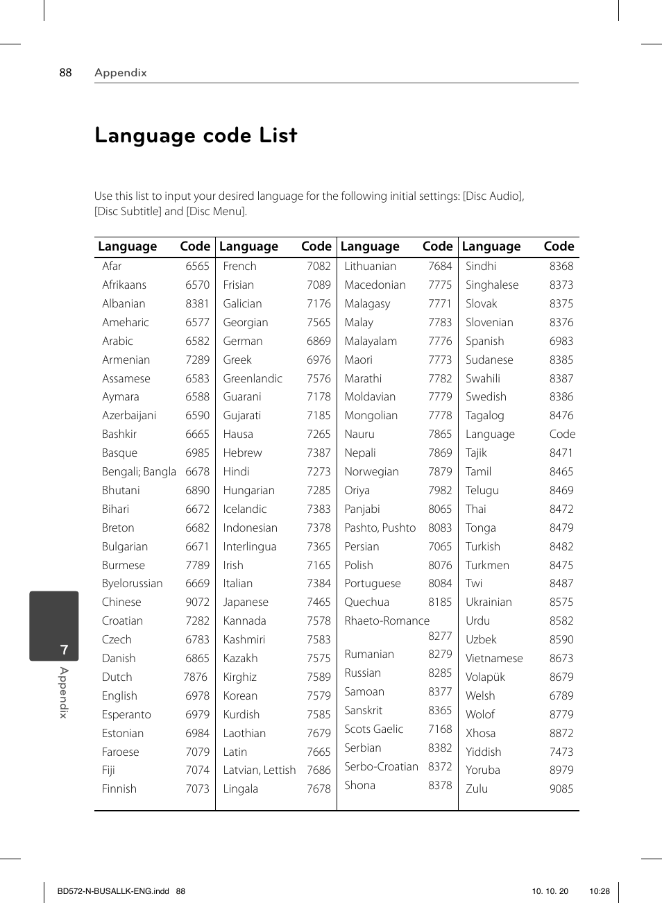 Language code list | LG BD570 User Manual | Page 88 / 100