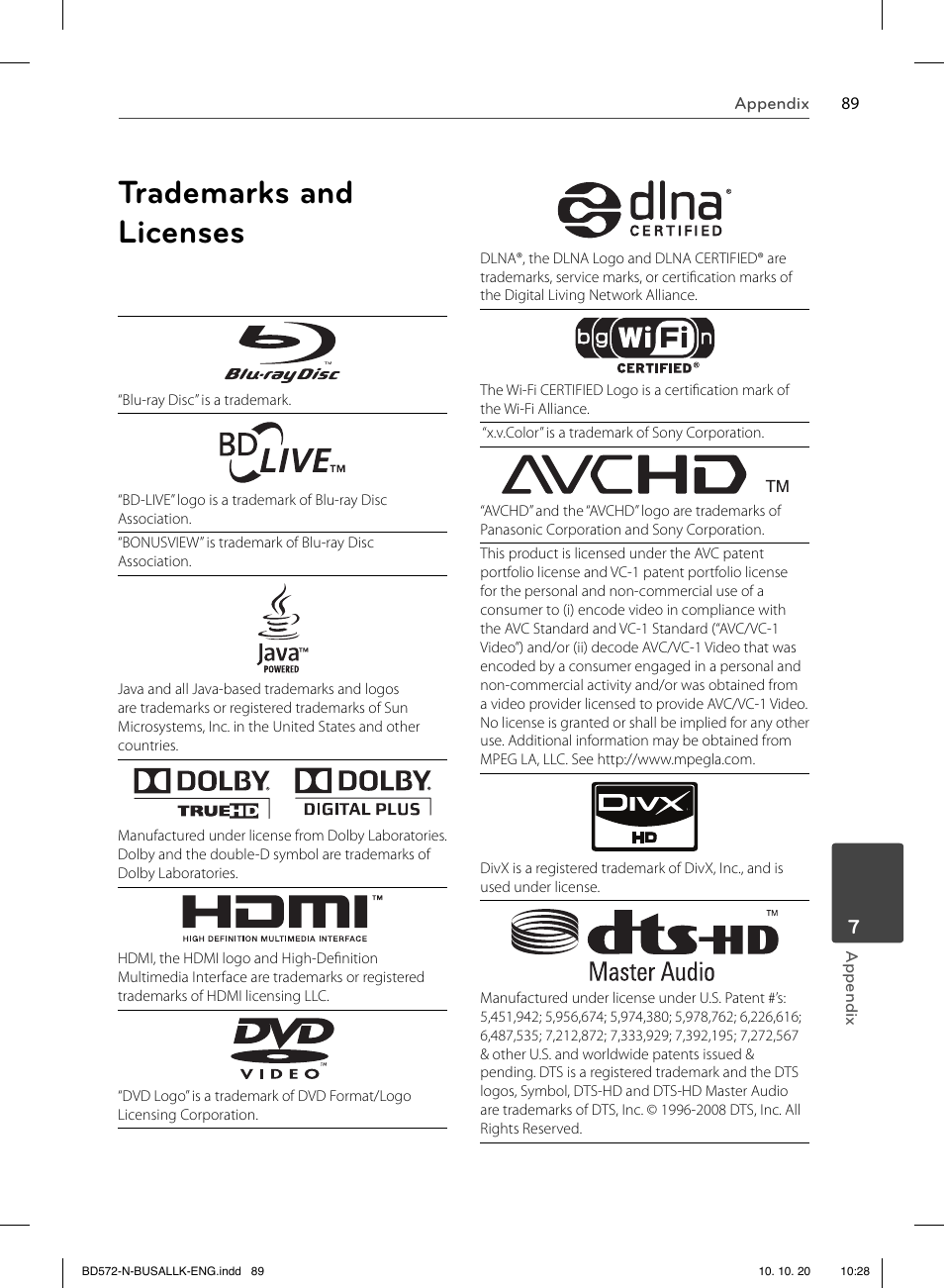 Trademarks and licenses | LG BD570 User Manual | Page 89 / 100