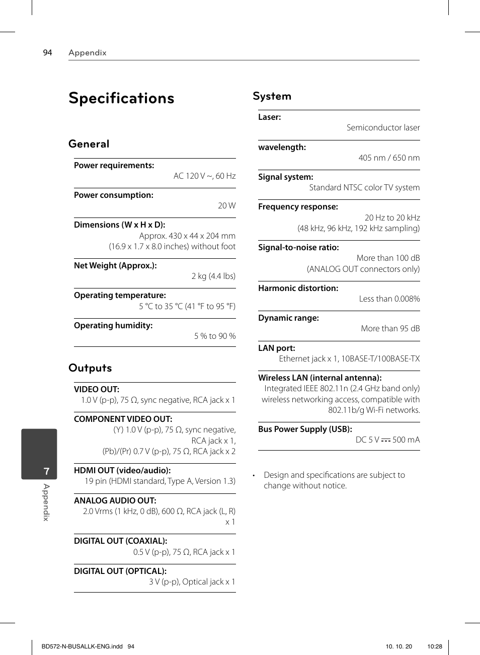 Speciﬁ cations, General, Outputs | System | LG BD570 User Manual | Page 94 / 100