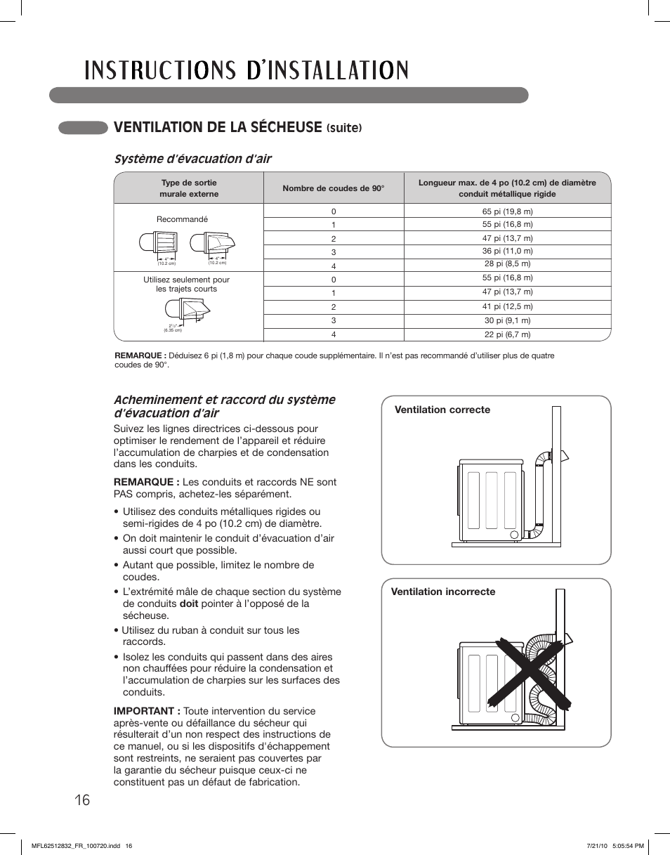 Ventilation de la sécheuse, Suite), Système d’évacuation d’air | LG DLE2140W User Manual | Page 100 / 124