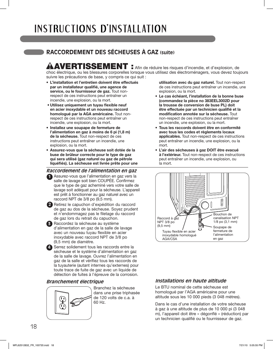 Wavertissement, Raccordement des sécheuses à gaz | LG DLE2140W User Manual | Page 102 / 124