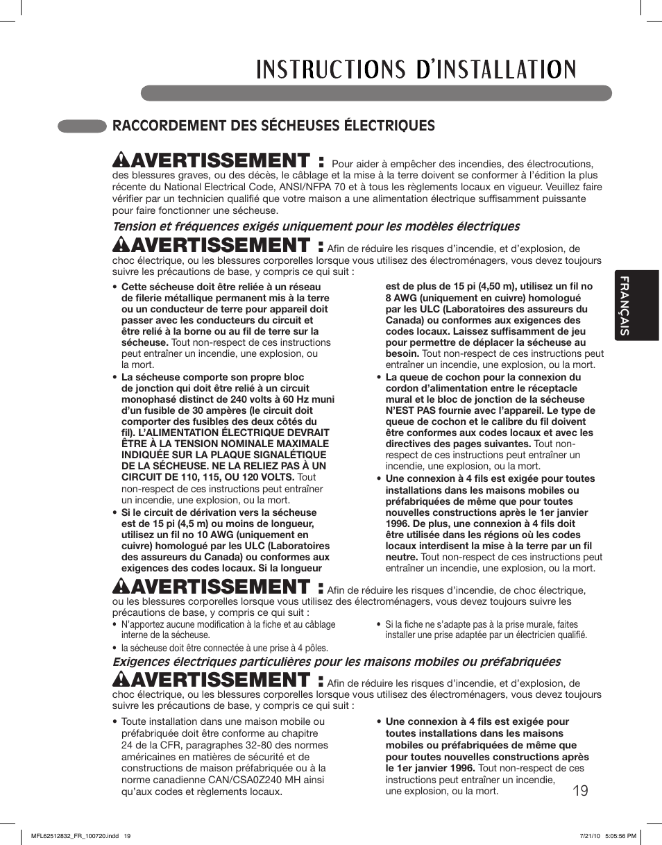 Wavertissement, Raccordement des sécheuses électriques | LG DLE2140W User Manual | Page 103 / 124