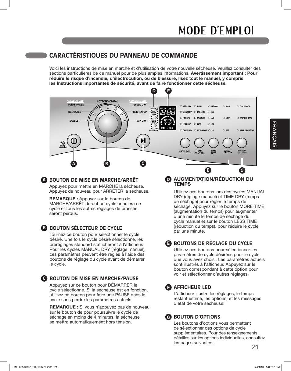 21 caractéristiques du panneau de commande | LG DLE2140W User Manual | Page 105 / 124