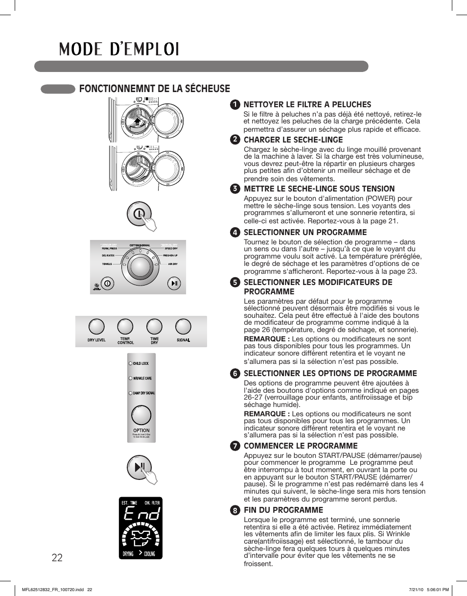 Fonctionnemnt de la sécheuse | LG DLE2140W User Manual | Page 106 / 124
