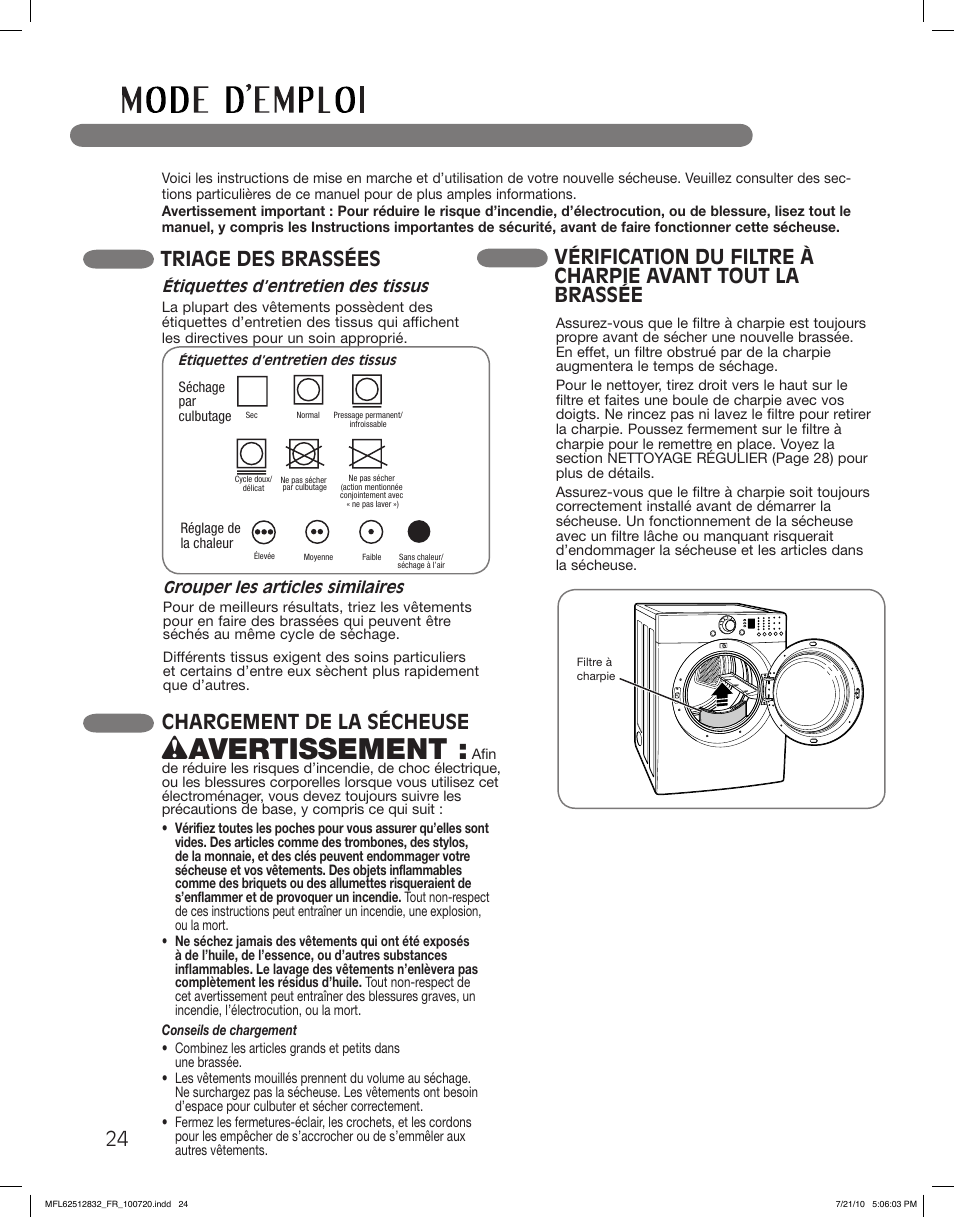Wavertissement, Chargement de la sécheuse triage des brassées | LG DLE2140W User Manual | Page 108 / 124