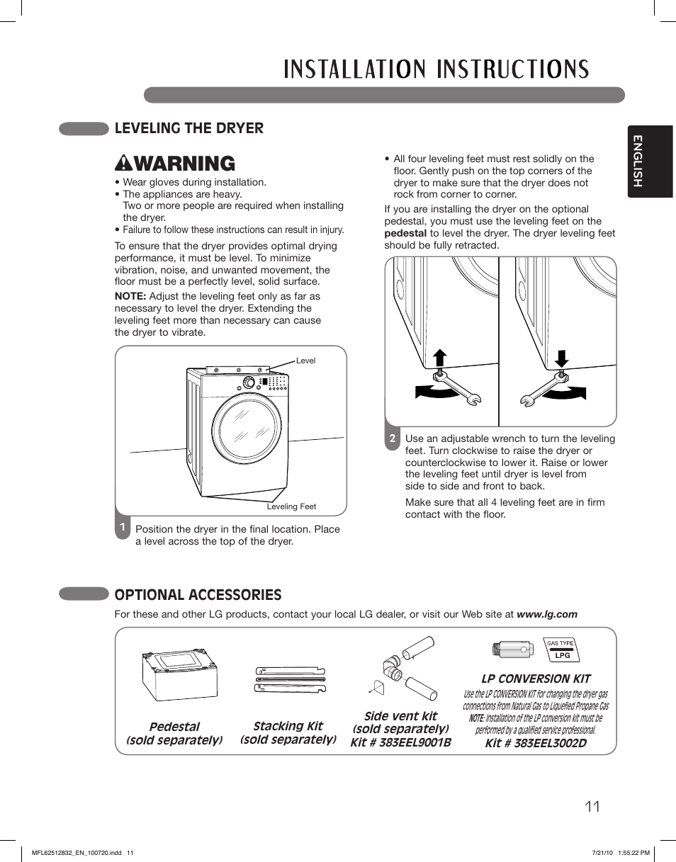 Wwarning, Leveling the dryer, Optional accessories | LG DLE2140W User Manual | Page 11 / 124