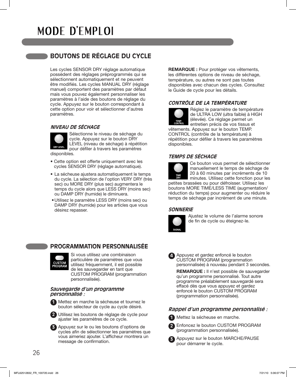 Boutons de réglage du cycle, Programmation personnalisée | LG DLE2140W User Manual | Page 110 / 124